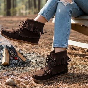 Like New Barbo Brown Genuine Suede Moccasins, Ankle w Fringe, Women’s